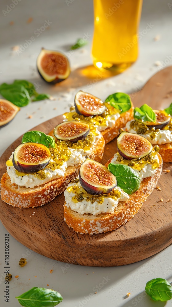Delicious fig bruschetta on a wooden board with fresh ingredients. Delicious fig bruschetta on a wooden board with fresh ingredients.