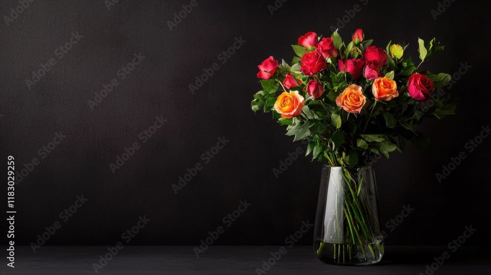 Fototapeta premium Vibrant roses in a glass vase against a dark background