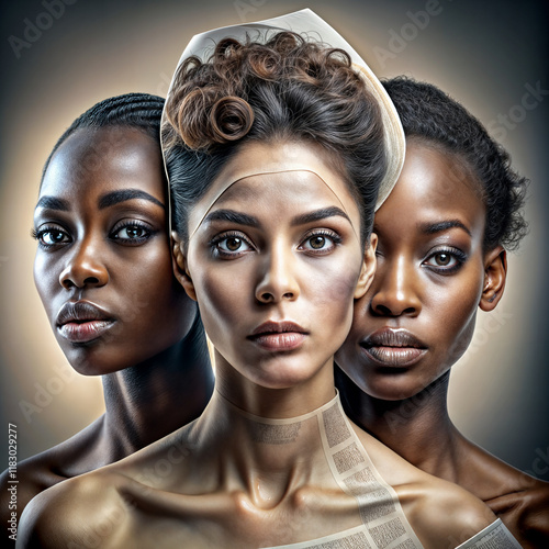 Abstract art compositions with women. Combined portraits of women, symbolizing their life and beauty.