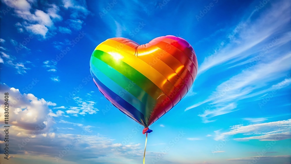 Fototapeta premium Joyful Rainbow Heart Balloon Floating Against a Sunny Sky - Stock Photo
