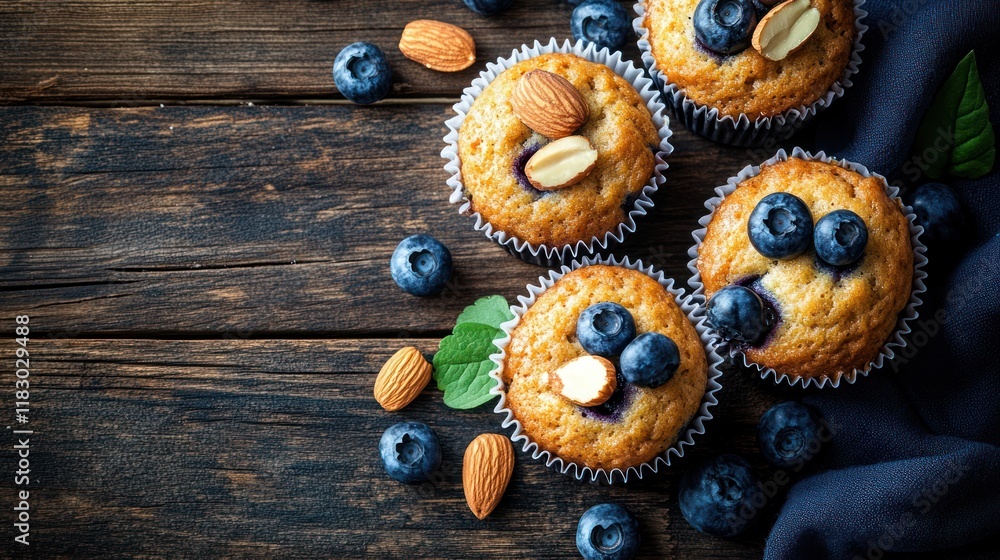 Delicious blueberry muffins with almonds on rustic wood. Delicious blueberry muffins with almonds on rustic wood.