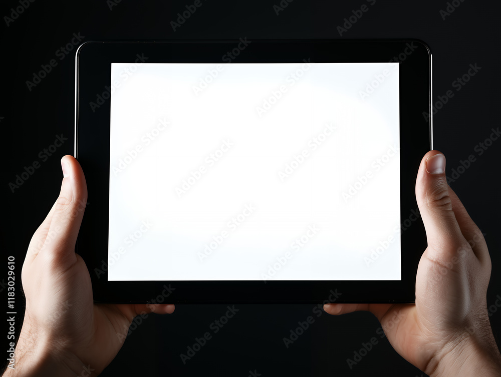 Mockup tablet with blank white screen, Hands holding a tablet with a blank screen against a dark background, Concept for technology, digital devices, presentation, Generative AI Mockup tablet with blank white screen, Hands holding a tablet with a blank screen against a dark background, Concept for technology, digital devices, presentation, Generative AI