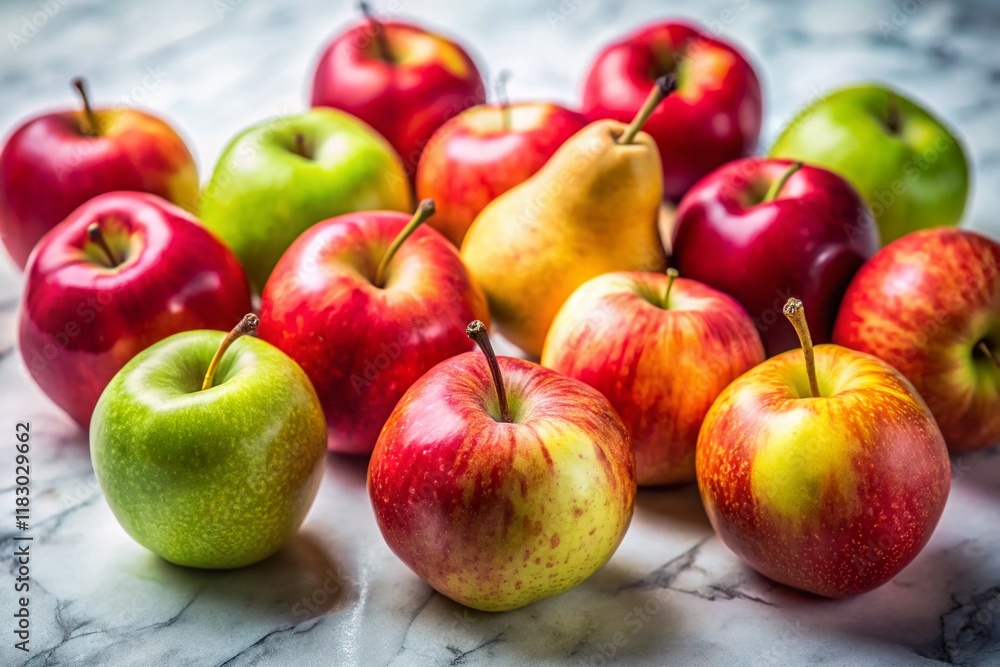 Juicy Apple Pears Flat Lay: Tilt-Shift Photo of Fresh Fruit on Marble Juicy Apple Pears Flat Lay: Tilt-Shift Photo of Fresh Fruit on Marble