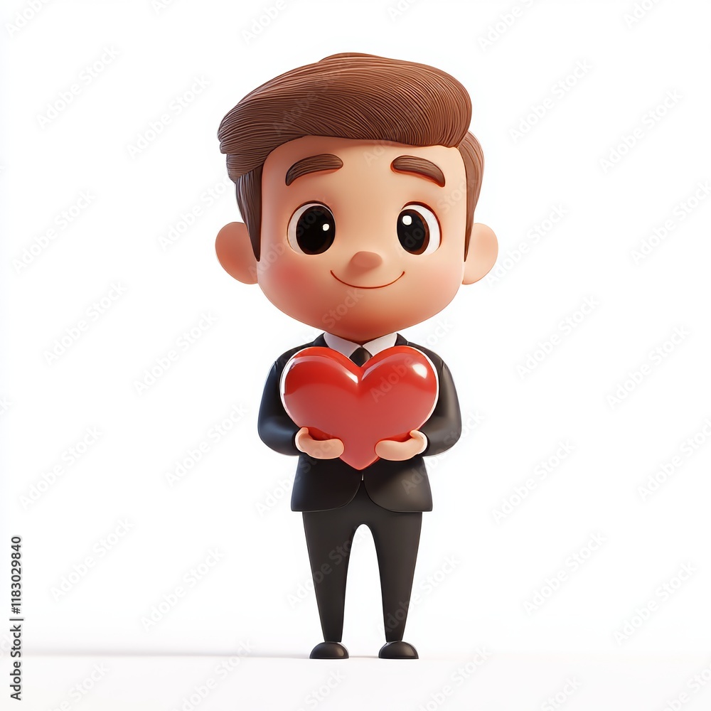 Cartoon Character Man in Groom's Suit Holding a Red Heart