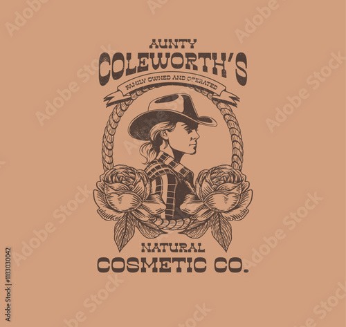 HAND DRAWN WESTERN SOUTHERN COWGIRL WILD WEST COWBOY RETRO PEOPLE GIRL LADY WOMAN VINTAGE TSHIRT TEE PRINT FOR APPAREL MERCHANDISE
