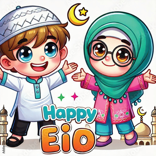 Muslim cartoon little girl and boy saying happy eid