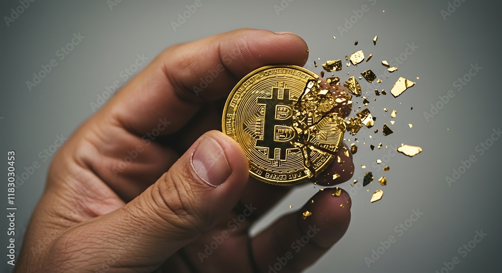 Fototapeta premium Crumbling Bitcoin Cryptocurrency Collapse Financial Crisis Market Crash