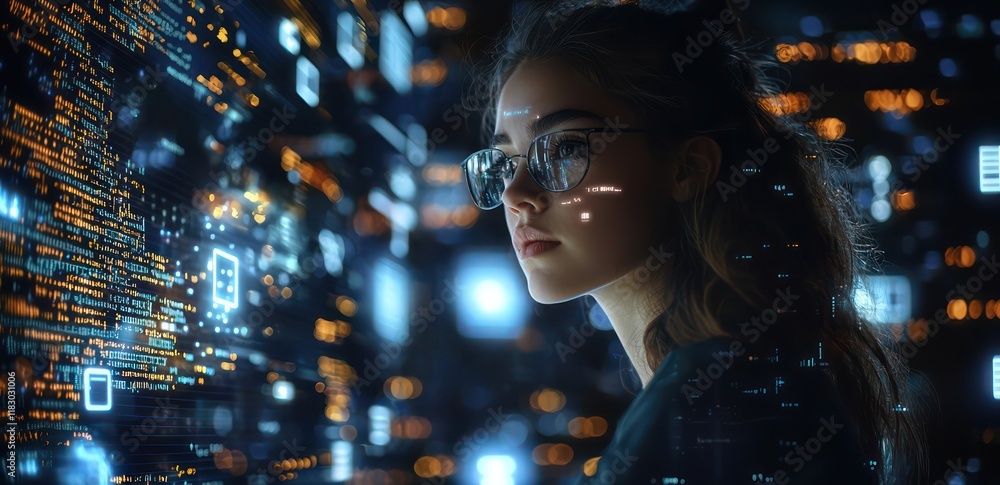 Naklejka premium AI developer at night, holographic code and cybersecurity around.