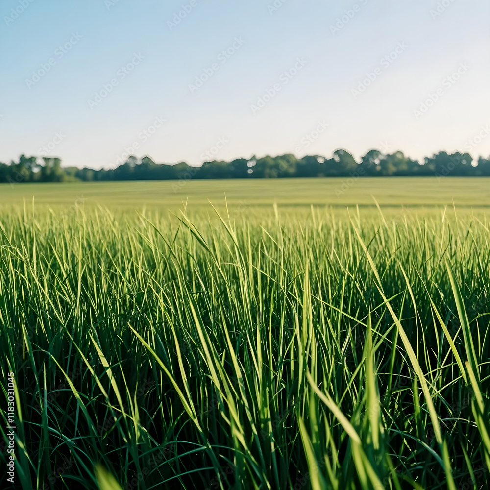lush green field of tall grass under a clear blue sky with a distant tree line lush green field of tall grass under a clear blue sky with a distant tree line