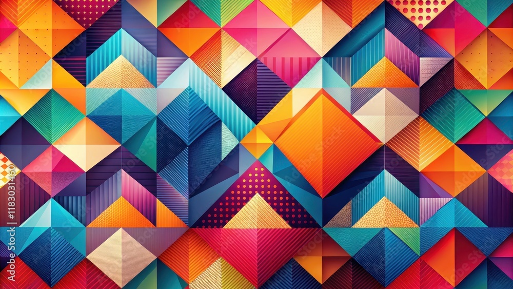 Vibrant Abstract Geometric Pattern of Interlocking Triangles and Polygons with Diverse Textures and Colors Vibrant Abstract Geometric Pattern of Interlocking Triangles and Polygons with Diverse Textures and Colors