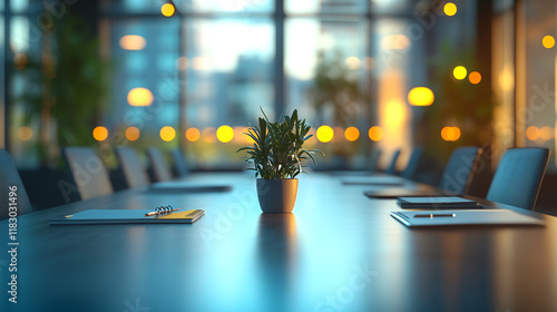 Modern conference room with a plant centerpiece and ambient lighting during a meeting