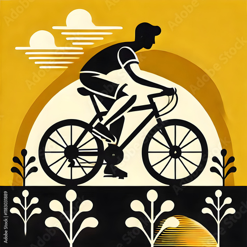 A professional cyclist riding a bike on a vibrant poster, showcasing speed and athleticism.