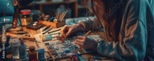 Picture about smart artisan working in vibrant workshop. Skillful artist creating colorful mosaic artwork by mini piece material. Crafting handmade art with artistic tools and creativity idea. AIG61. photo