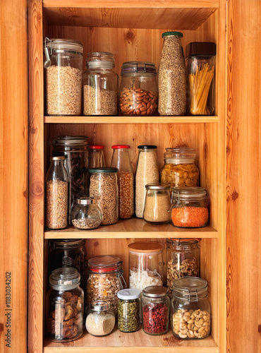 kitchen pantry food storage with recycled reusable glass jars on shelf
