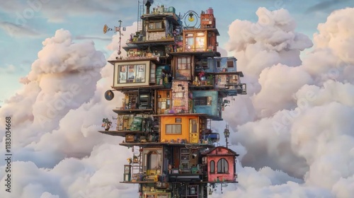 Colorful Vertical City of Unique Architecture and Whimsical Design Surrounded by Dreamy Clouds photo