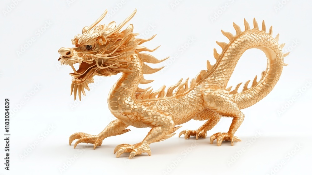 Fototapeta premium Majestic Golden Dragon Sculpture with Intricate Details, Exhibiting Strength and Grace, Symbolizing Power, Wisdom, and Good Luck in Asian Culture