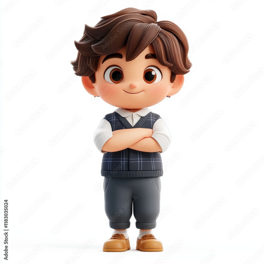 Cute Cartoon Character of a Child in Student Uniform with Cheerful Smile Cute Cartoon Character of a Child in Student Uniform with Cheerful Smile