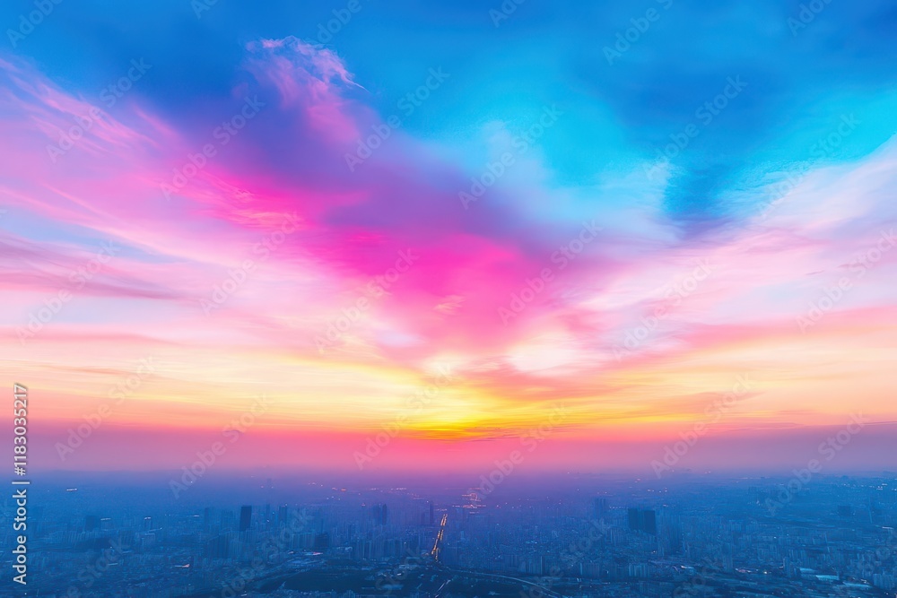 Naklejka premium A city sits under a surreal horizon at dawn, with swirling clouds and vibrant colors, captured from an aerial view