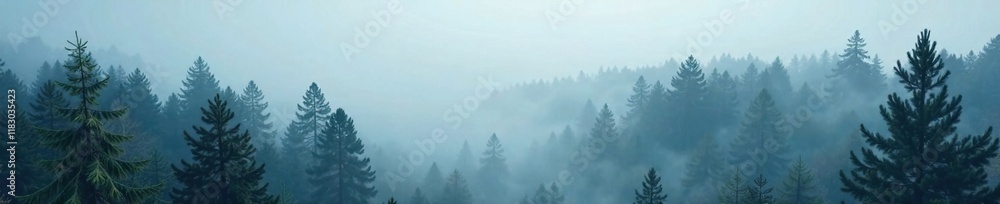 Dense fog envelops pine Christmas tree branches in the forest, dense, morning