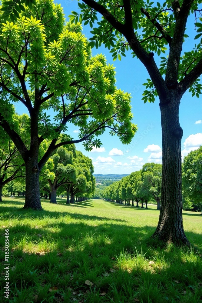 Dense foliage of oak trees against a clear blue sky, oak forest, serene landscape, nature scenery Dense foliage of oak trees against a clear blue sky, oak forest, serene landscape, nature scenery