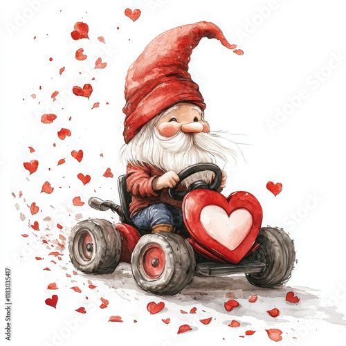 Cute gnome driving heart themed go kart, spreading love and joy photo