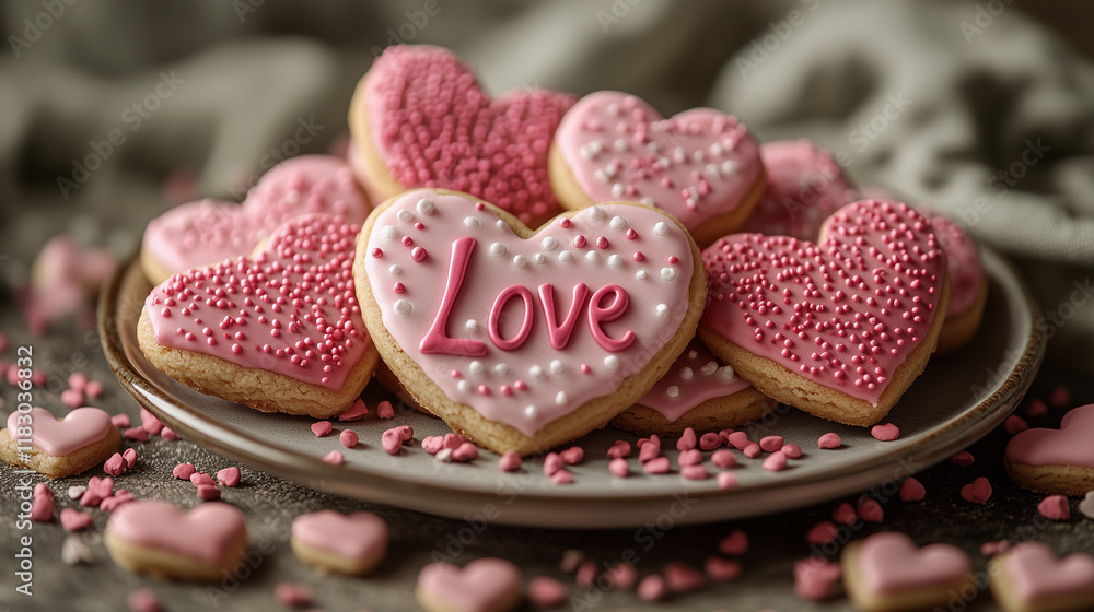 Obraz premium plate of heart-shaped cookies decorated with pink and red icing, some featuring 