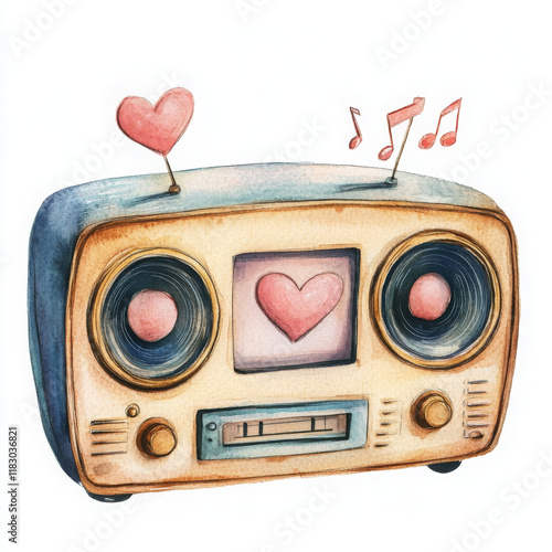 Vintage radio illustration with hearts and musical notes, evoking nostalgia and joy