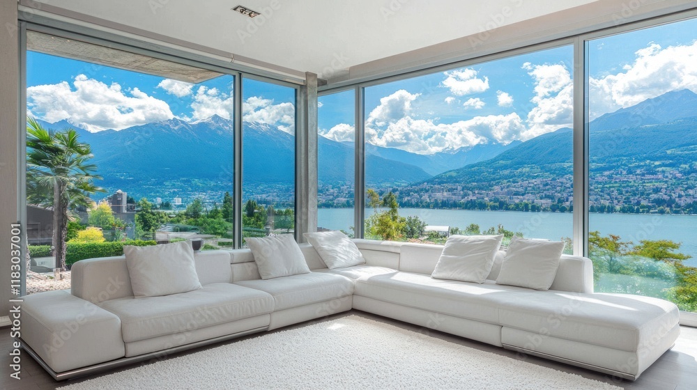 Fototapeta premium Luxury Lakeside Villa with Breathtaking Mountain Views