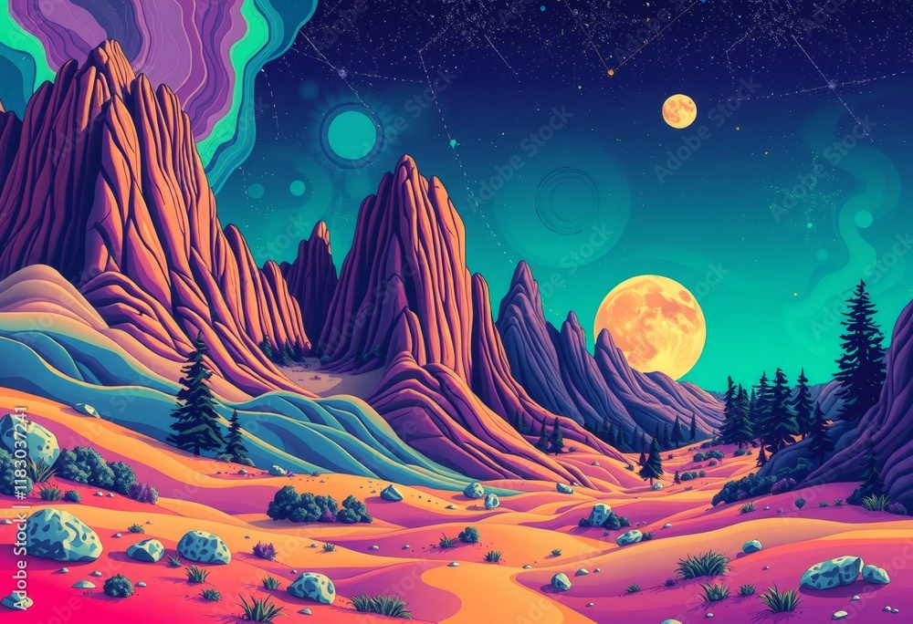 A vibrant, surreal landscape with a large moon and tall mountains under a starry night sky. A vibrant, surreal landscape with a large moon and tall mountains under a starry night sky.