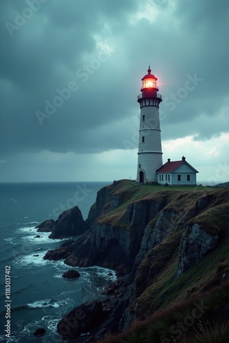 Lighthouse dominates the desolate and windswept landscape, dark clouds, Egersheld photo