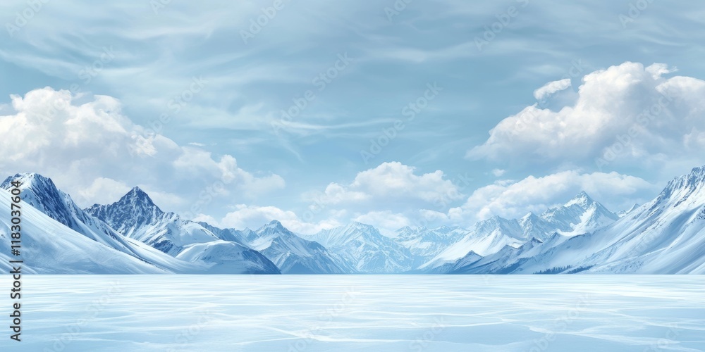 Fototapeta premium Empty ice surface, frozen mountain lake, winter mountains landscape with copy space - ai