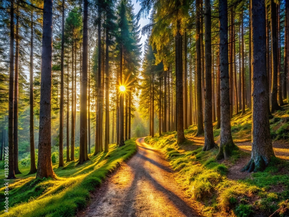 Naklejka premium Jura Mountains France: Scenic Pine Tree Trail Stock Photo