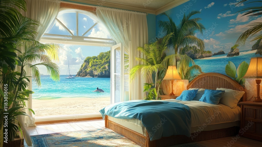 Fototapeta premium Tropical Beach Bedroom: An Oasis of Calm