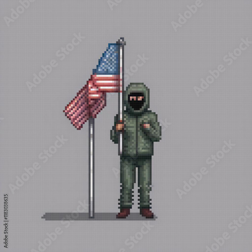 Military man with American flag in pixel art