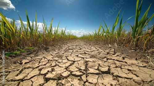 A cracked, dry earth pathway lined with green crops under a bright blue sky, depicting drought conditions.