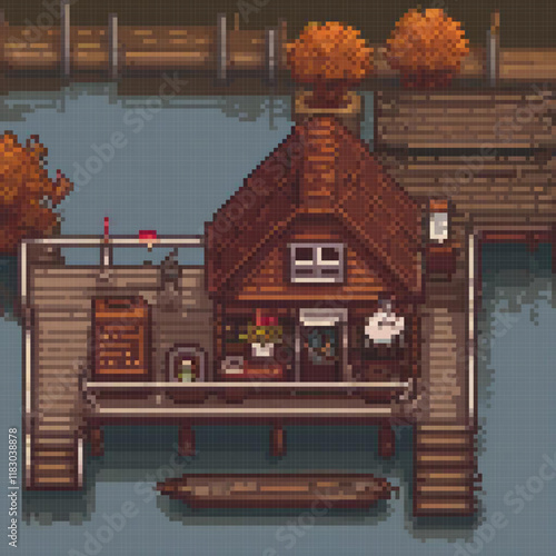 Pixel art depicting a quaint house by a serene dock with a boat.