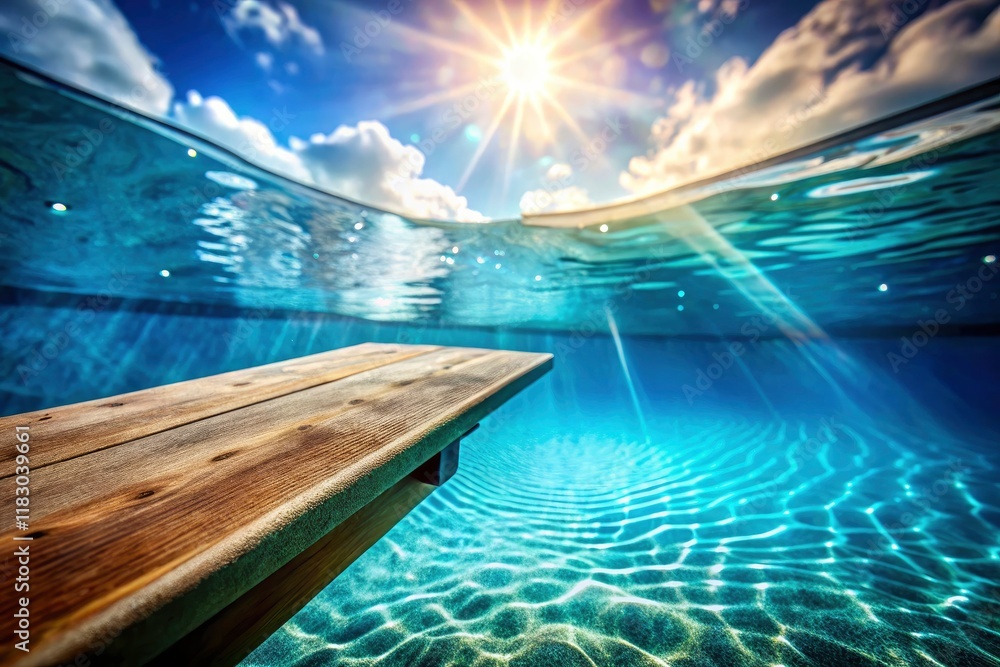 Obraz premium Double exposure: vibrant springboard texture meets underwater fluidity, a diving moment.