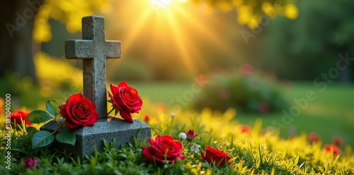 Sunny weather with three red roses on a stone tombstone near the cross, yellow, garden
