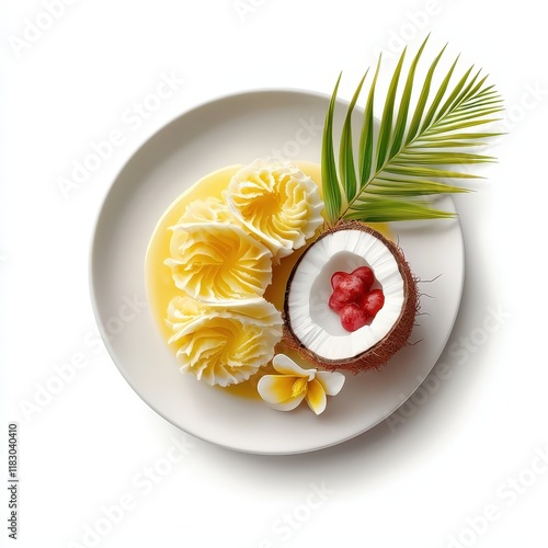 a plate of Thai coconut milk custard (Khanom Thuai), flat design illustration, creamy pastel tones, isolated on white background photo