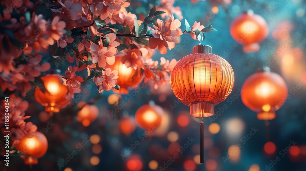 Vibrant Lanterns Against a Floral Background for New Year Celebration Vibrant Lanterns Against a Floral Background for New Year Celebration