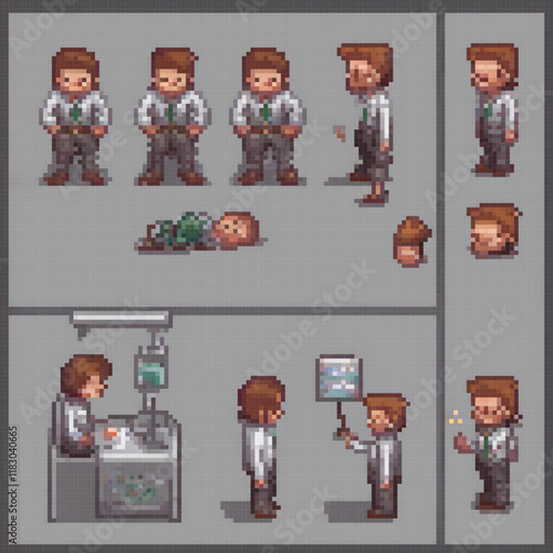 Pixel art depicting a man in a lab setting