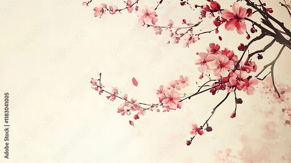 Delicate Pink Blossoms on Branch Watercolor Painting Delicate Pink Blossoms on Branch Watercolor Painting