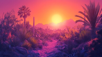 Leinwandbilder Purpur Vibrant sunset over desert path with cacti and palm trees.  © Almahyra