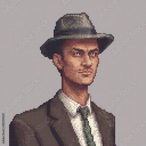 Retro-style pixel art of a stylish man in a suit and tie with a hat.