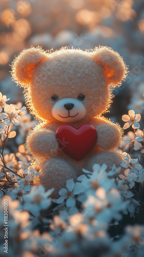 A small teddy bear with a red heart resting on a bed of white flowers, softly lit with warm ambient light, creating a delicate and affectionate composition