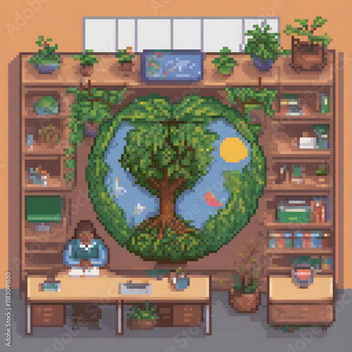 Pixel art of a woman working at her computer desk