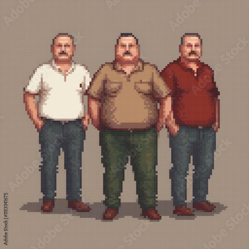 Three men in pixel art, standing together against a brown backdrop.