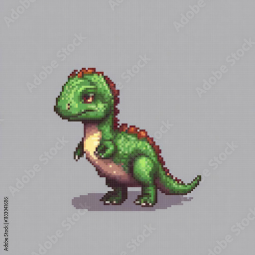 Vintage green dinosaur with fierce red eyes and a long tail, perfect for retro-themed collections.