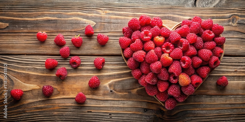 Heart-shaped arrangement of fresh raspberries on rustic wooden surface Heart-shaped arrangement of fresh raspberries on rustic wooden surface