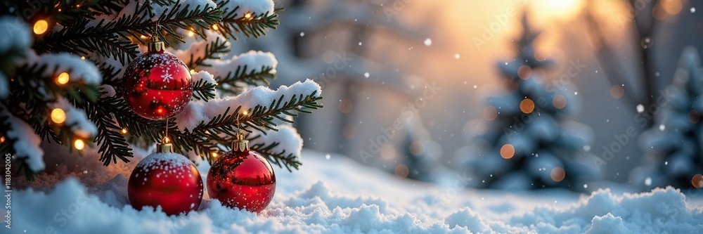 Winter landscape with snow-covered trees and Christmas decorations in golden light, bokeh, christmas, decorations Winter landscape with snow-covered trees and Christmas decorations in golden light, bokeh, christmas, decorations